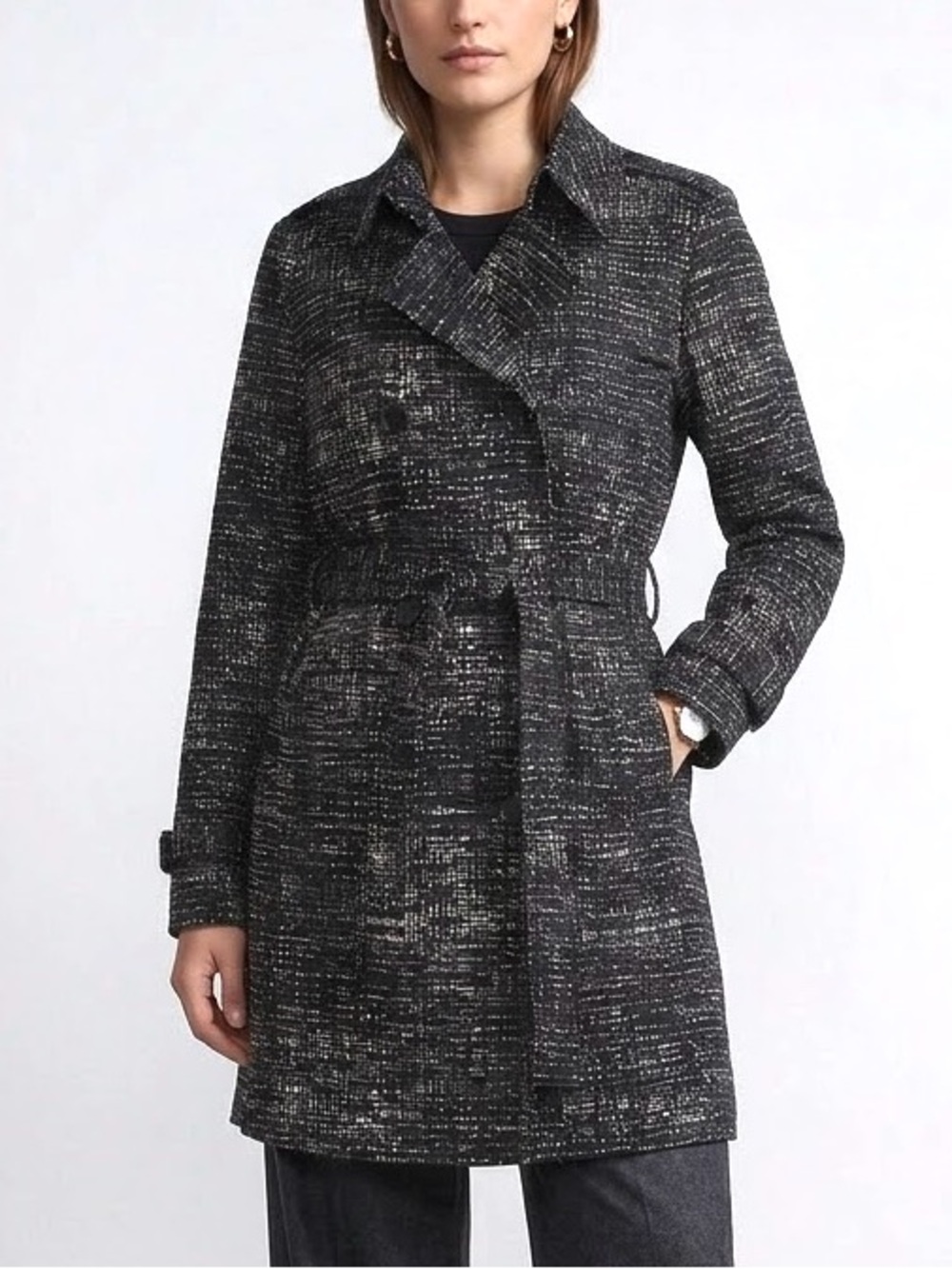 Kenneth Cole New York Patterned Trench Coat Womens Size Large Belted Black White
